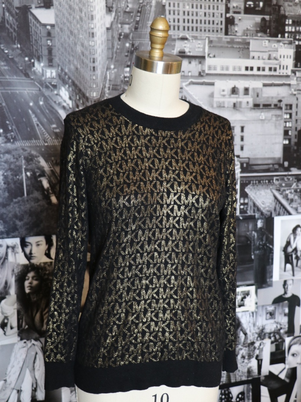 Michael Kors MK Logo Black Gold Monogram Knit Sweater